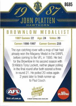 2015 Select AFL Honours Series 2 - Brownlow Gallery #BG85 John Platten Back
